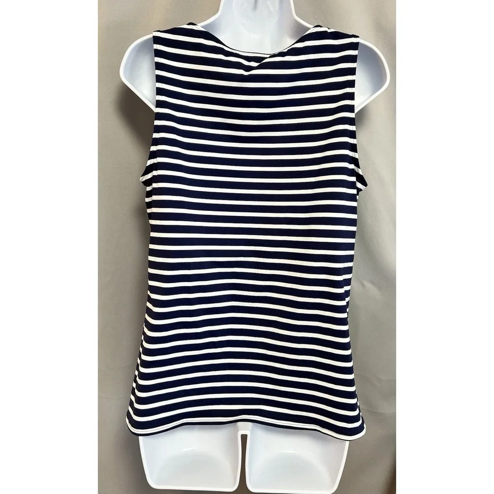 Lands End 14D Swimsuit‎ Tankini Tank Top Navy Blue Stripe High Neck UPF50 NWOT